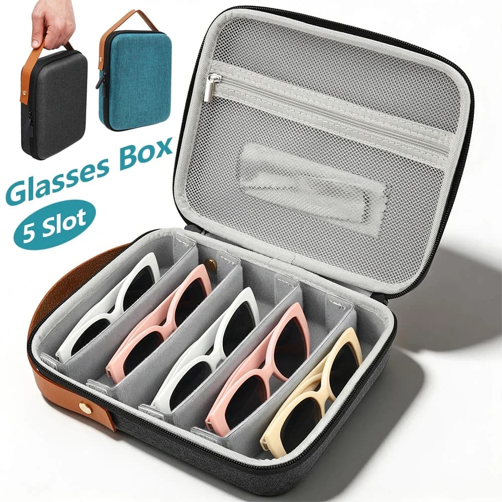 5 Slot Sunglasses Travel Case Portable Glasses Storage Box with Adjustable Slot Hard Shell Eyeglasses Case Sunglasses Organizer