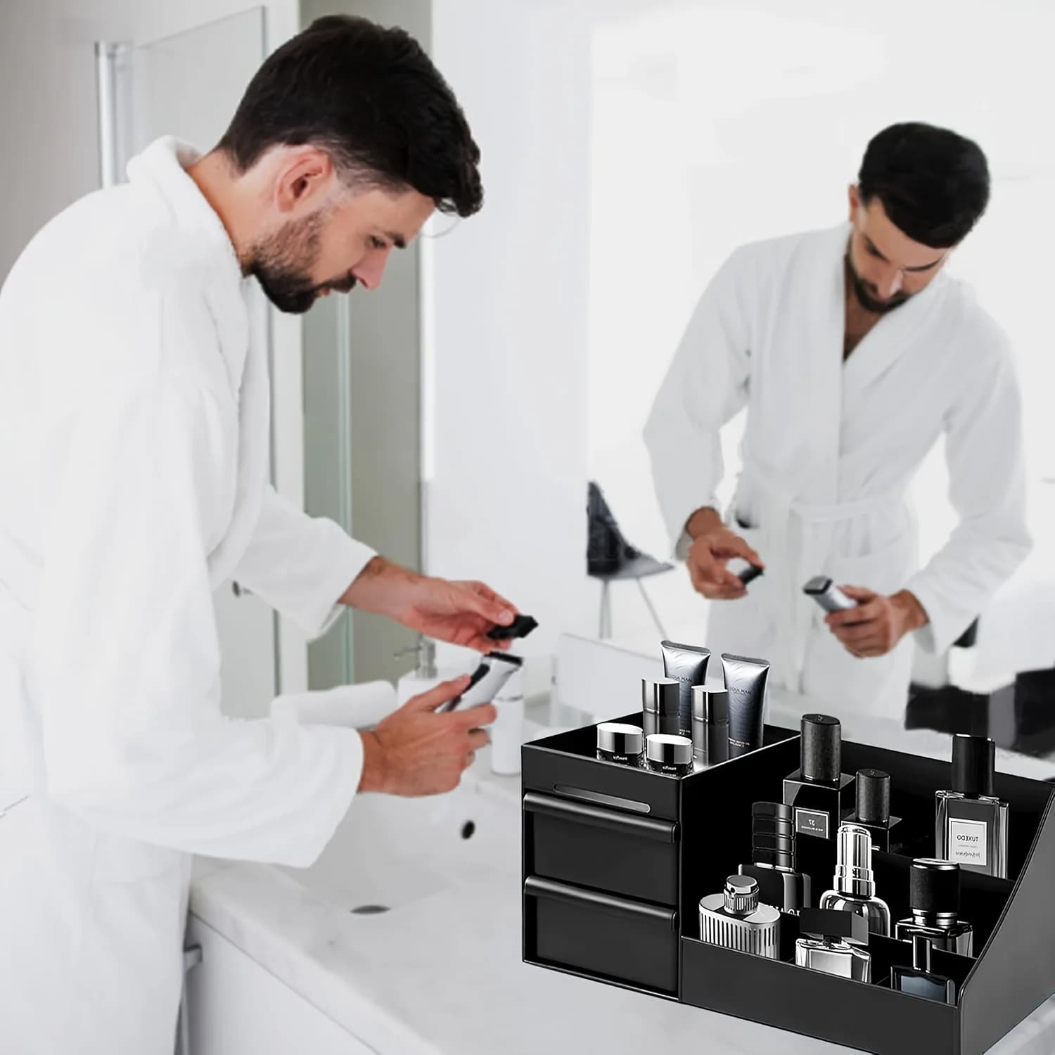 Scatola portaprofumi da uomo con cassetti - Portaoggetti per cosmetici, adatta per la cura della pelle, profumi e articoli da toeletta