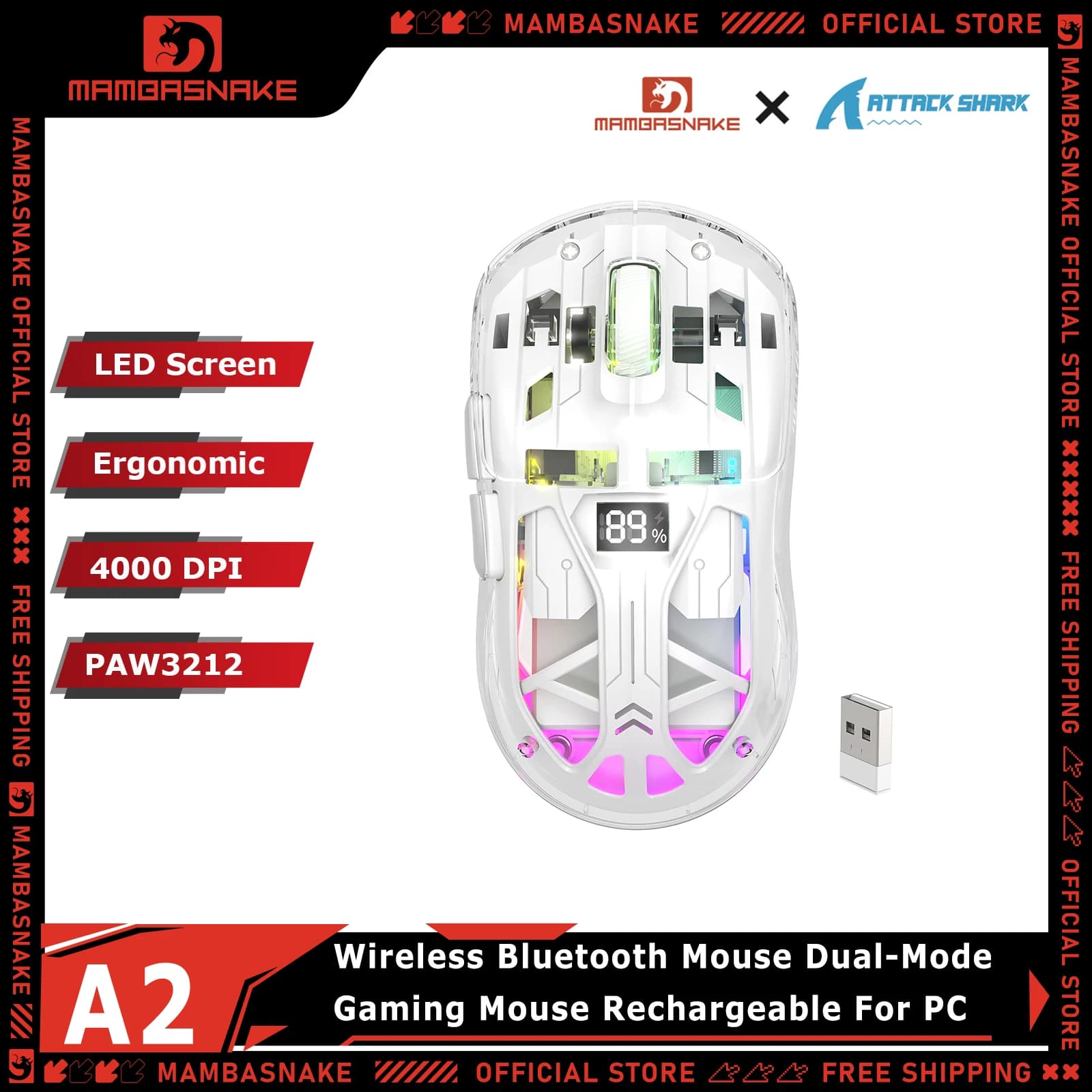 Mouse Wireless Bluetooth ATTACK SHARK A2, Mouse da Gaming Dual-Mode Ergonomico Ricaricabile per Laptop e PC Gamer