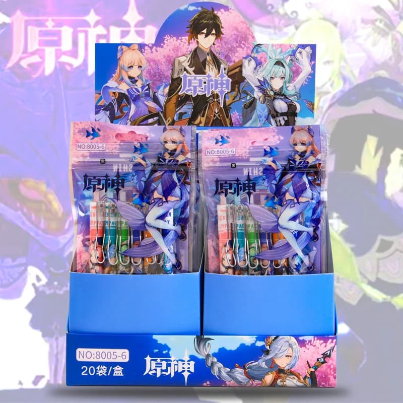 6 Pz/set Gioco Genshin Impact Penna Gel Nera 0.5mm Zhongli Diluc Venti Penne per Scrittura Kawaii Materiale Scolastico di Cancelleria