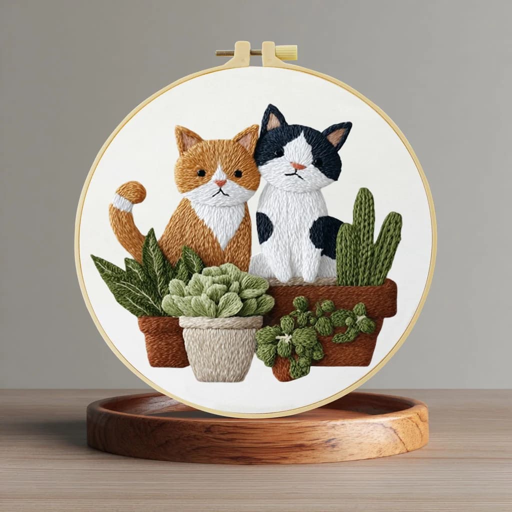 Kit per Principianti di Ricamo 20X20CM/15X15CM con Motivi di Gatti e Piante Verdi, Arte del Punto Croce Fai-da-Te per Regalo