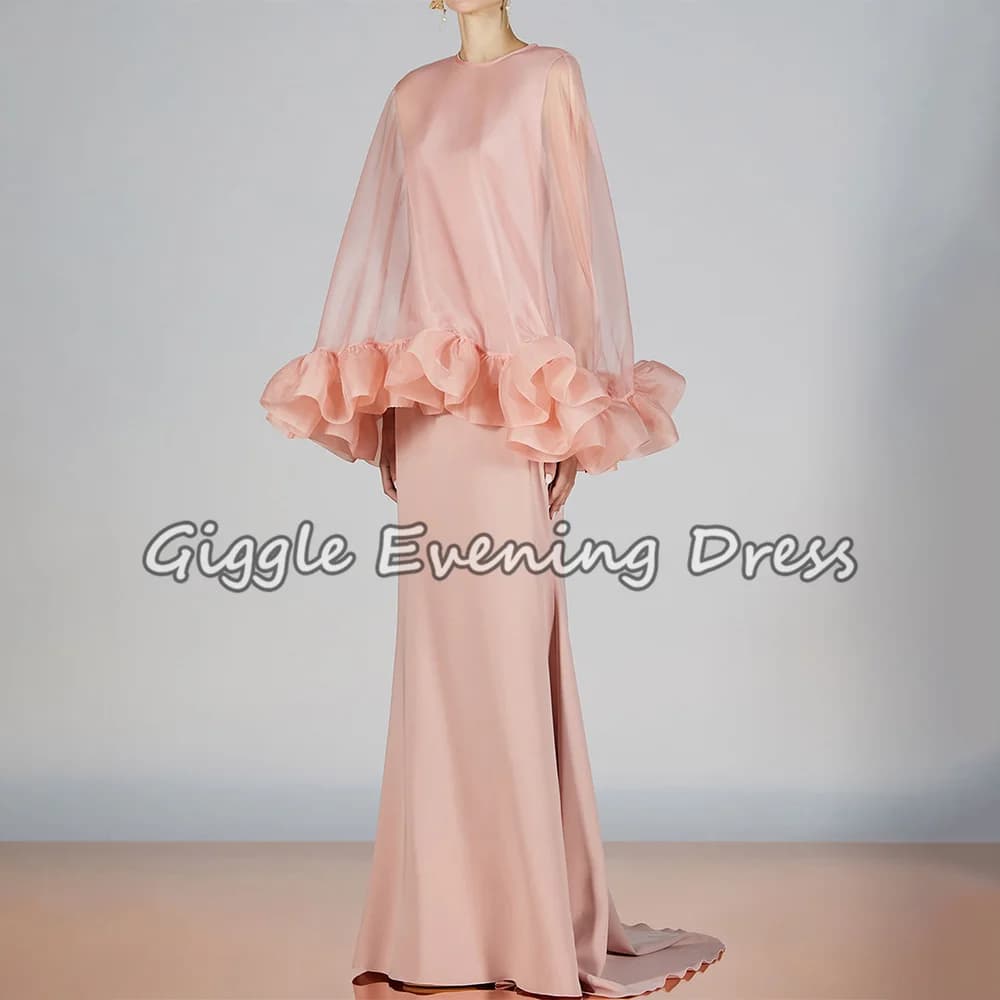 Elegant O-Neck Sleeveless Evening Dresses with Cape Floor-length Simple Fashion Tiered Ruffles Wedding Formal Party Gowns