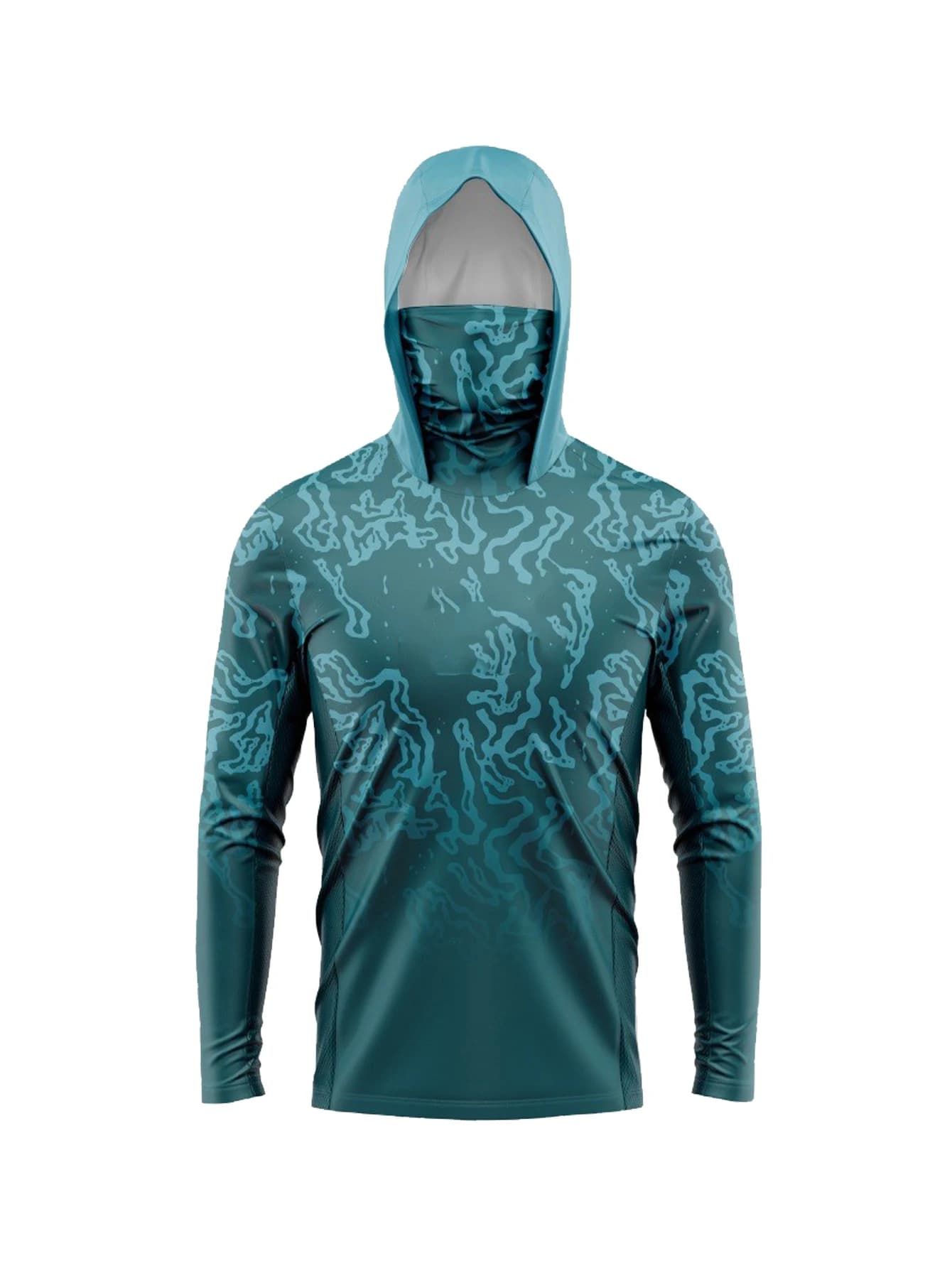 Dark Cyan Terrain Line Camo Men Fishing Hooded Shirt Built-in Face Cover UPF50+ Sun Protection Quick-Dry Long Sleeve Tops