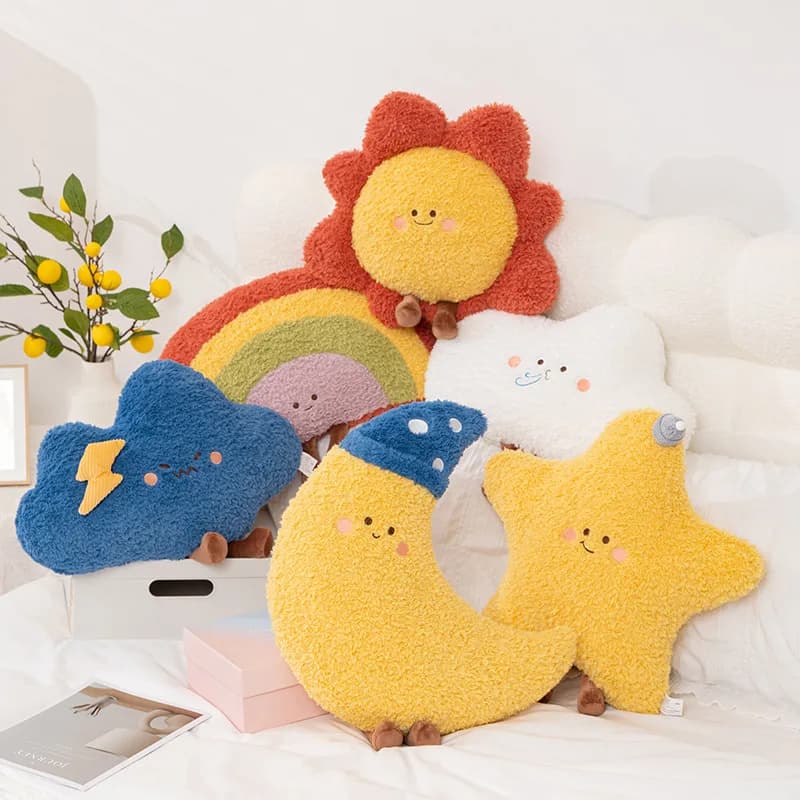 Morbido cielo stellato cuscino carino arcobaleno luna stella peluche cuscino creativo sole nuvola cuscino compagno di sonno cuscino decorazioni per la casa