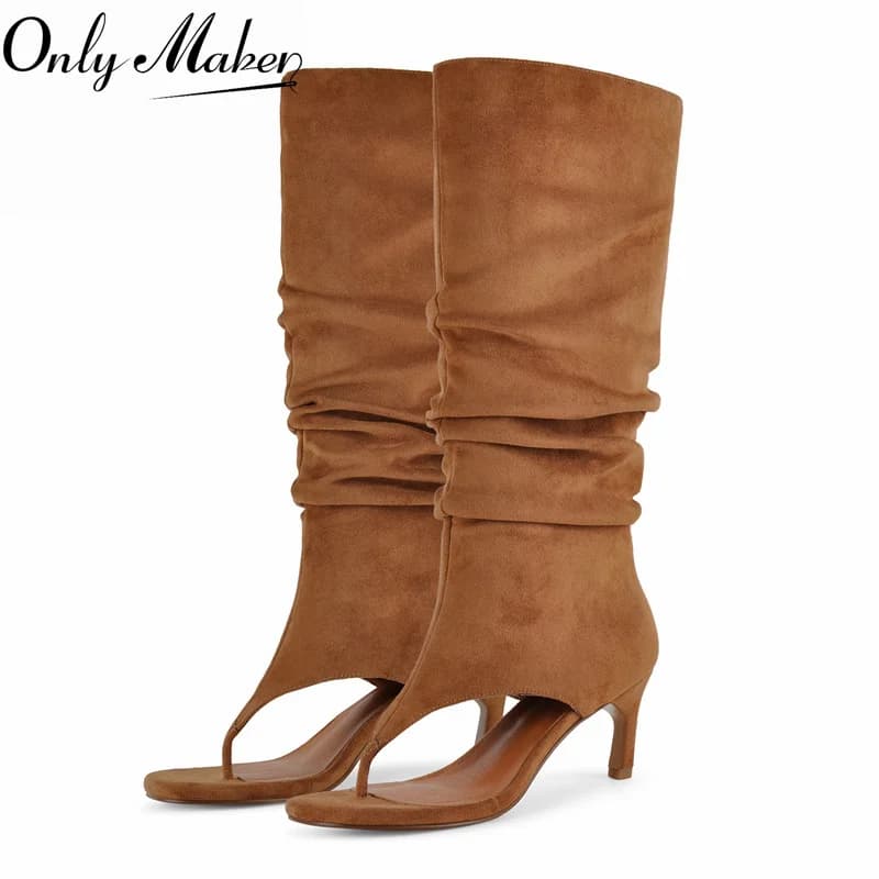 Onlymaker Women Brown Thong Toe Faux Suede Ruched Knee High Boots Kitten Heel Open Toe Elegant Sandal Boots