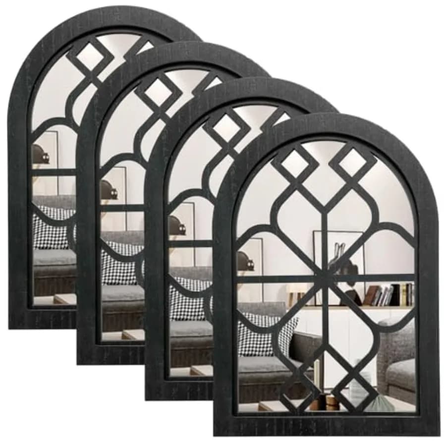 Set of 4 Arched Window Wall Mirror Rustic Farmhouse Accent Mirror Wood Framed Entry Wall Decoration for Living Room Bathroom Be