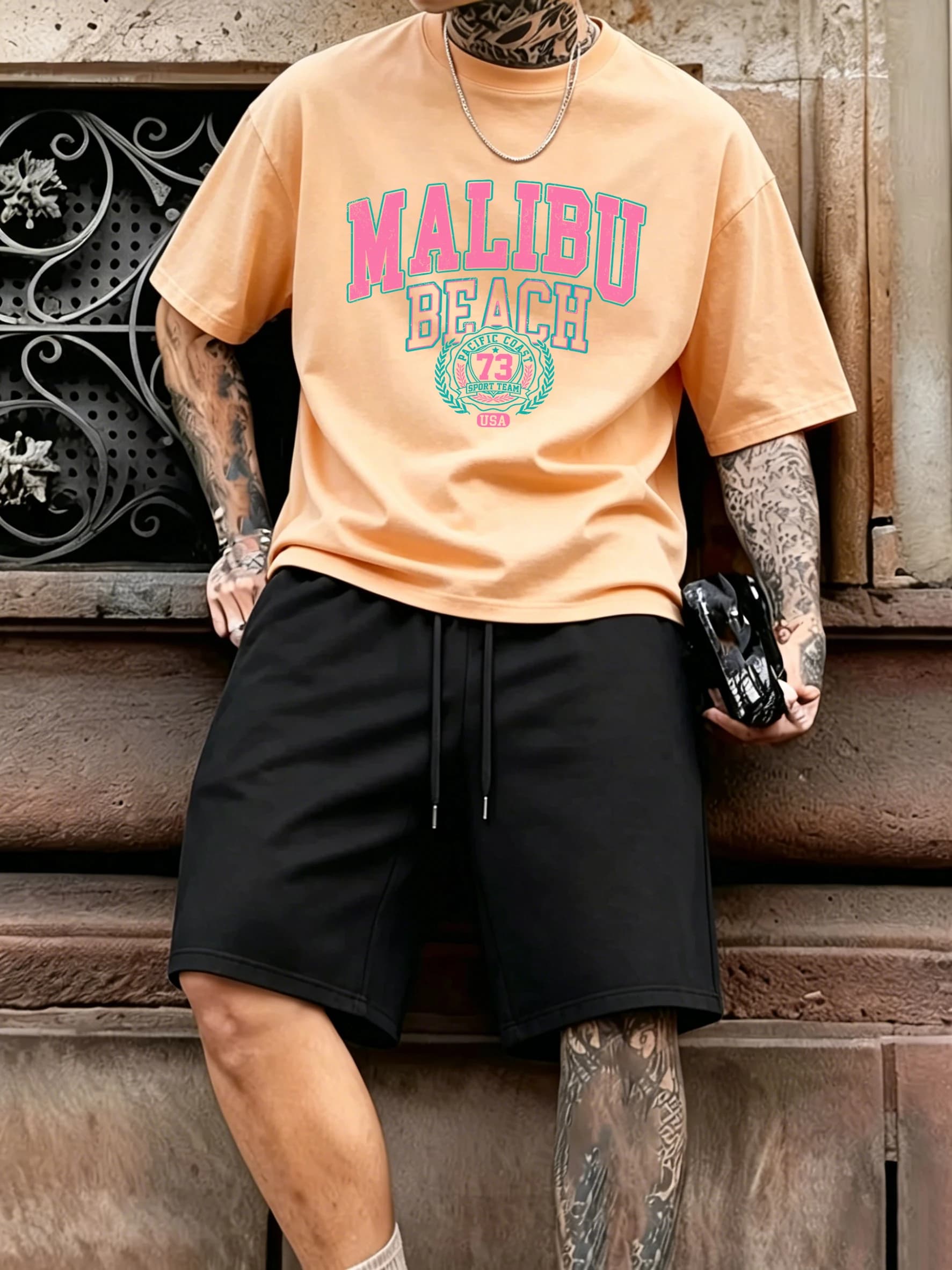 Pantaloncini sportivi da uomo in cotone con stampa Malibu Beach, classici estivi, freschi, abbinabili, streetwear, morbidi, con tasche, per lo sport e il tempo libero
