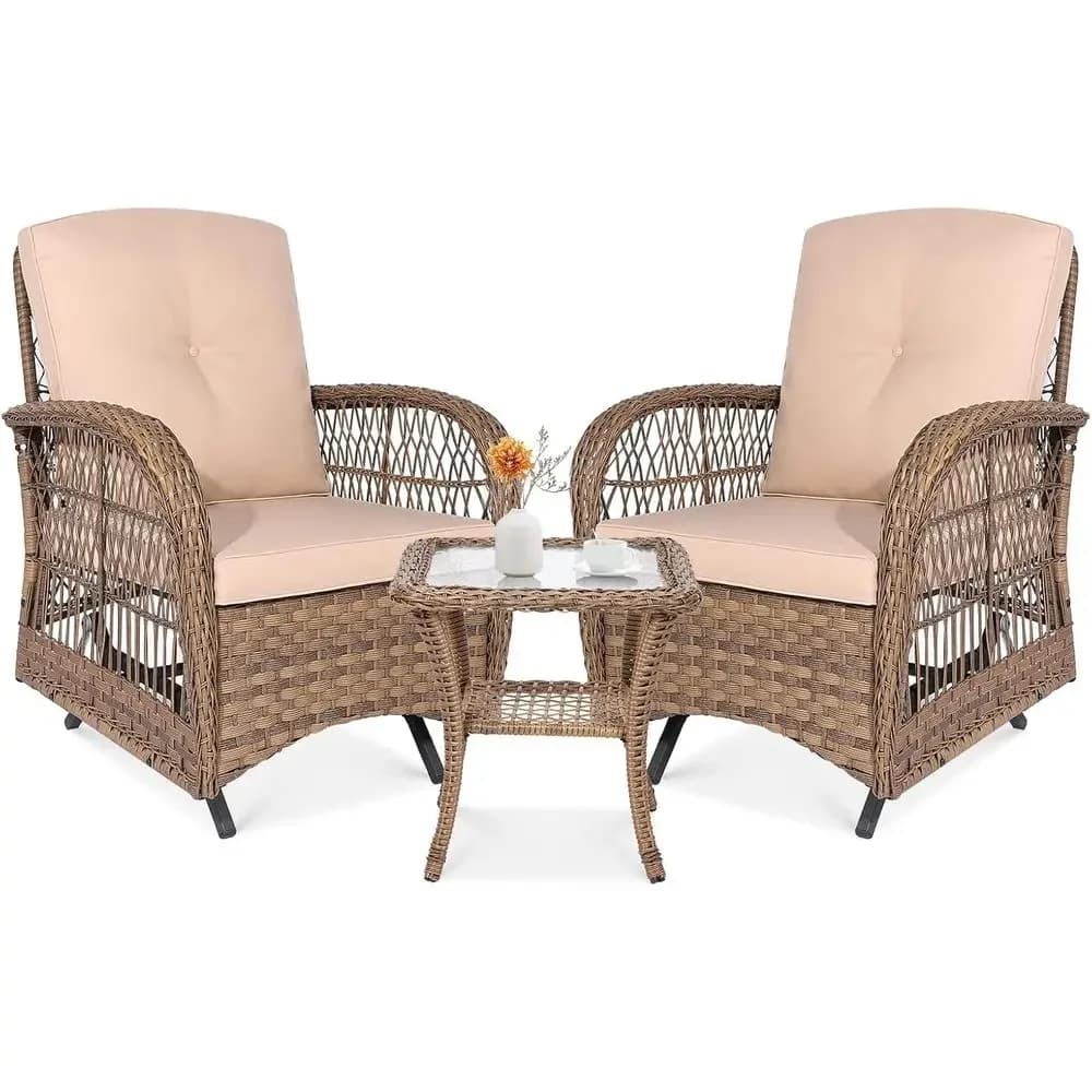3-Piece Outdoor Bistro Set with Cushioned Chairs and Glass Top Table, Beige