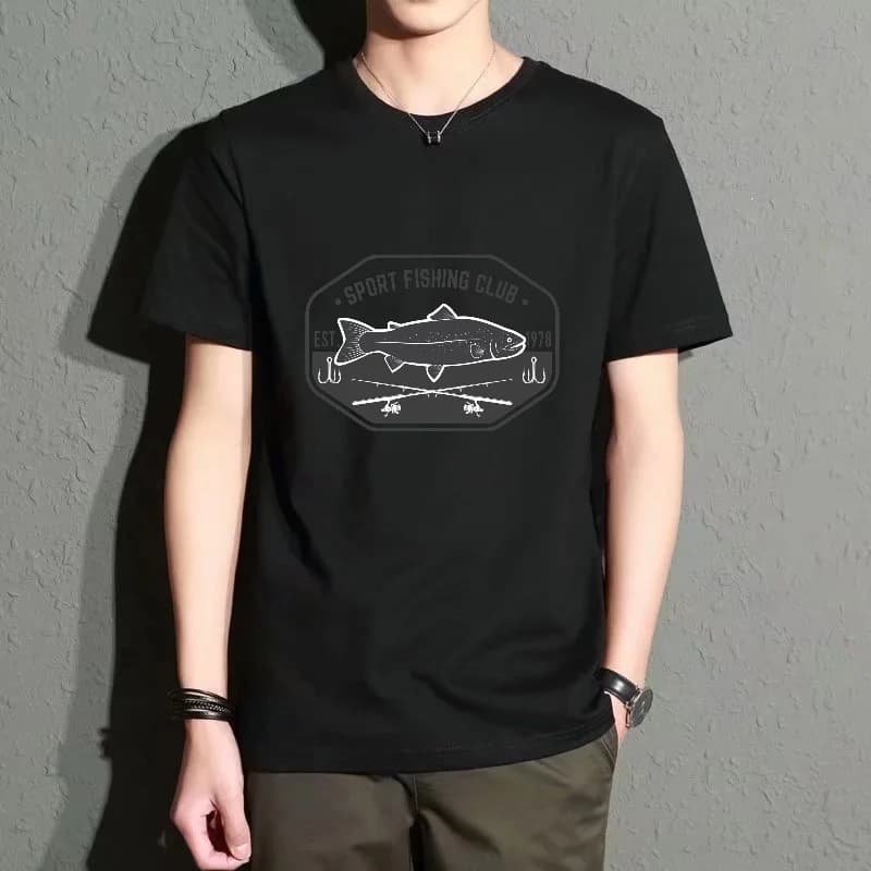 Men's Black Round-Neck Short-Sleeved T-Shirt with Sports Fishing Club Print Pattern, Casual Everyday Versatile Top, Breathable, Comfortable and Trendy Item