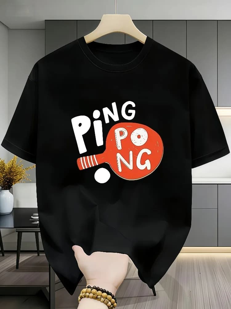 Men Casual Table Tennis Graphic Cotton Tee Ping Pong Bat Ball Letter Print Crew Neck Short Sleeve Summer Athletic Daily Outfit