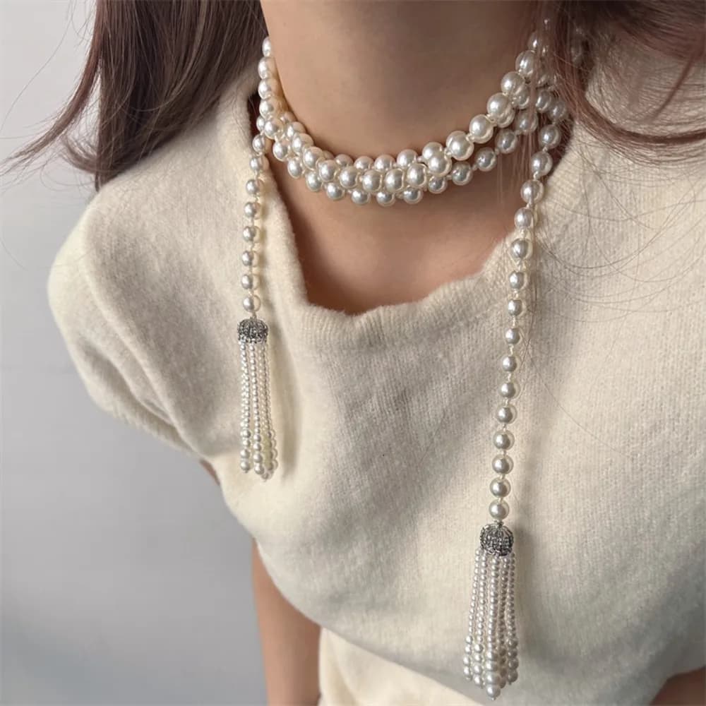 Temperament Exaggerate Pearl Beaded Necklace Charm Tassel Waistband Accessories Neck Jewelry Multilayer Necklace Girls