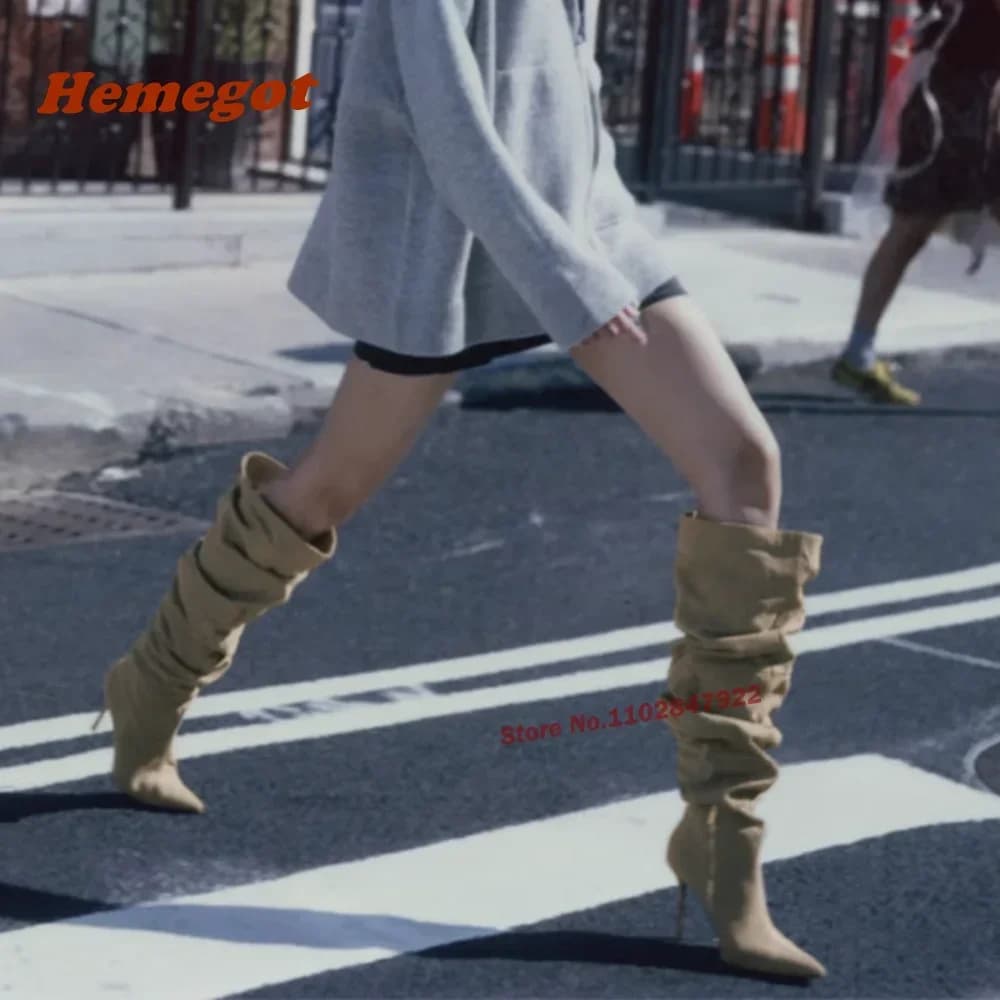 Pointed Toe Over The Knee Women's Boots Pleated Retro Denim Boots Casual Shoes Plus Size Side Zipper Thin High Heels Luxury Shoe