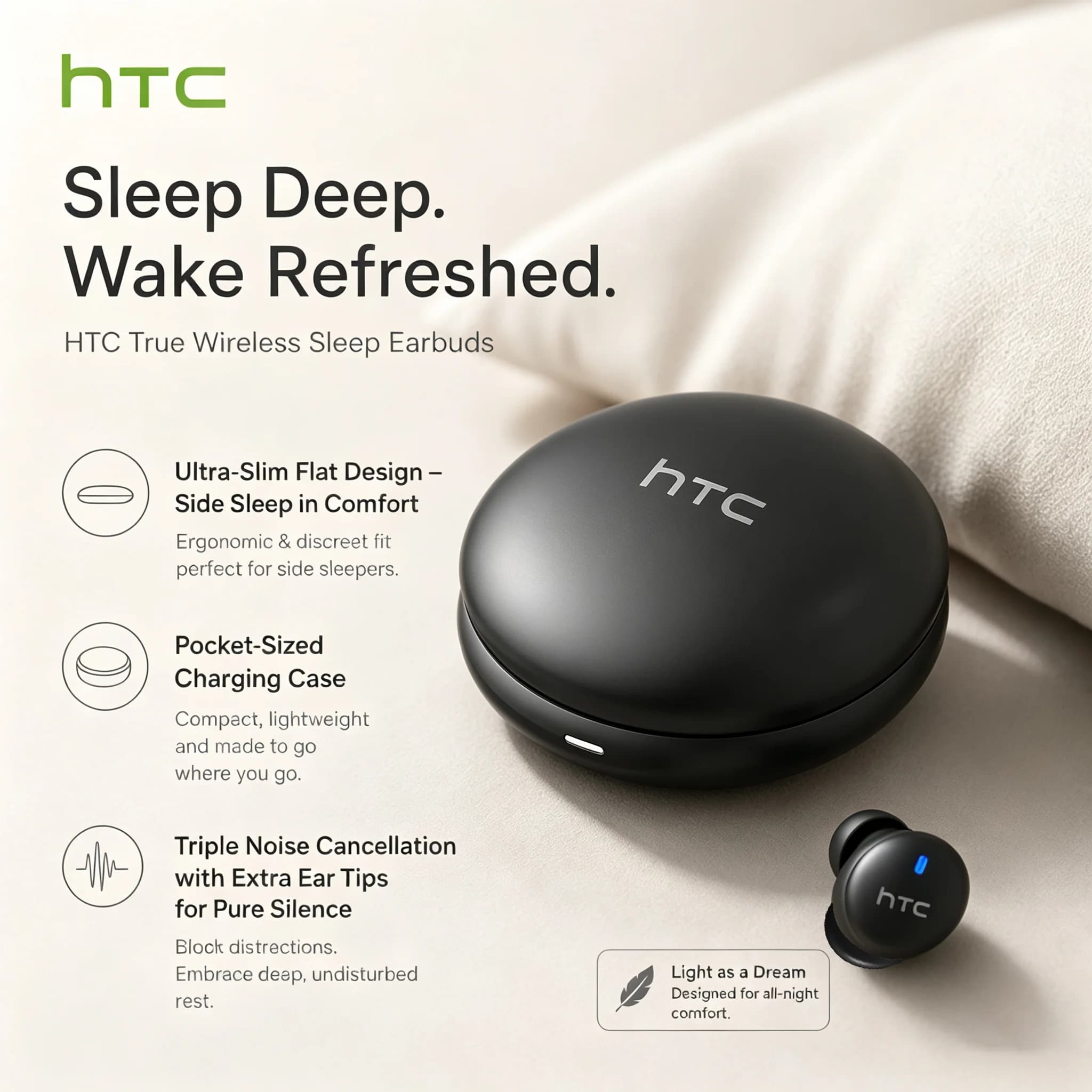 HTC NE92 Mini Bluetooth Earphones for Sleeping, Sports Wireless Headphones with Mic Noise Reduction TWS Soft In-ear Earbuds