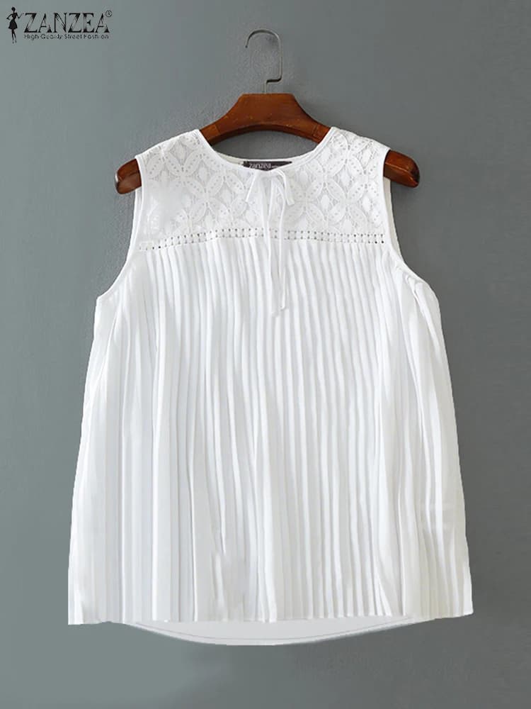 ZANZEA 2025 Estate Camis Donna Elegante Vacanza Carro Armato Magliette e camicette Senza Maniche In Pizzo Patchwork Camicetta Solido Pieghettato Camicia Da Lavoro Mujer Femme