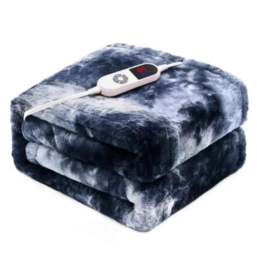Coperta Elettrica Riscaldata 62"x84" Lussuosa Blu in Finta Pelliccia di Coniglio, Riscaldamento Rapido, Morbida e Spessa