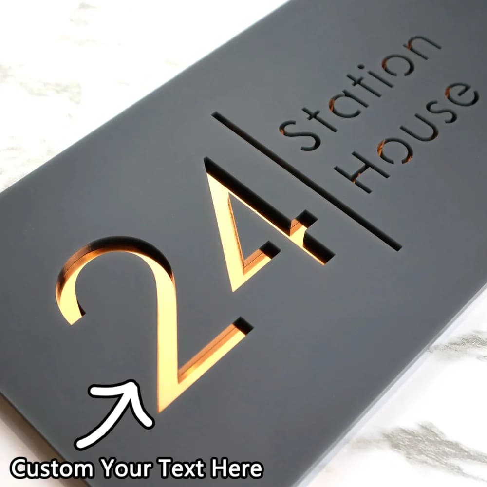 1 piece customized PMMA door plate: custom numbers and text, matt black finish, premium structure, DIY, laser etched, daily ideal