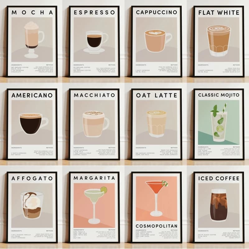 Old Fashioned Cocktail Poster Espresso Coffee Print Canvas Painting Kitchen Wall Art Picture for Clubs Kitchen Home Decoration