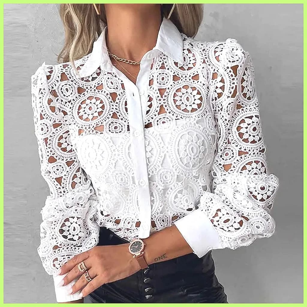 White Shirt in Women's Lace 2025, Elegant Top Vintage Sleeved Long Sleeves