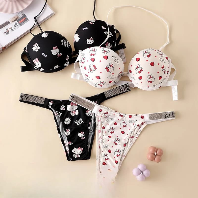 Hello Kitty New Cartoon Strapless Strap-On Bra and Panties Set Low-Waisted T-Pants Rhinestone Letter Panties Cute Sweet Gift