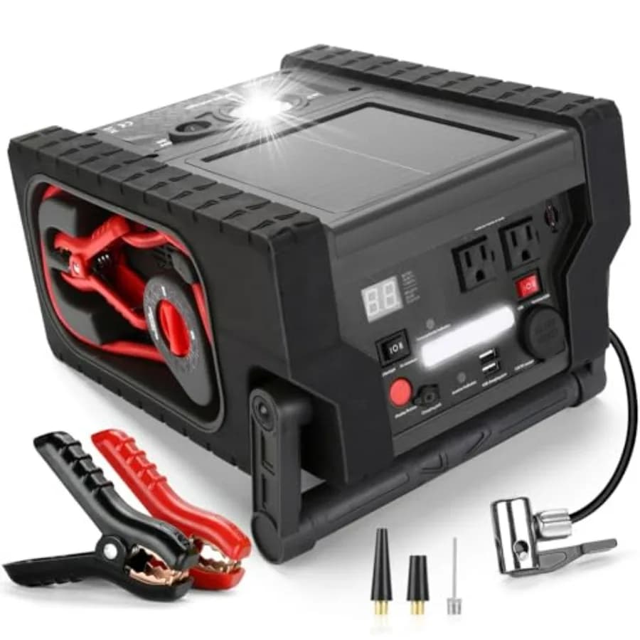Avviatore di Emergenza per Auto 2000A con Compressore d'Aria, Batteria di Avviamento 12V per Motori Benzina fino a 10L/Diesel fino a 8L, Inverter AC 400W