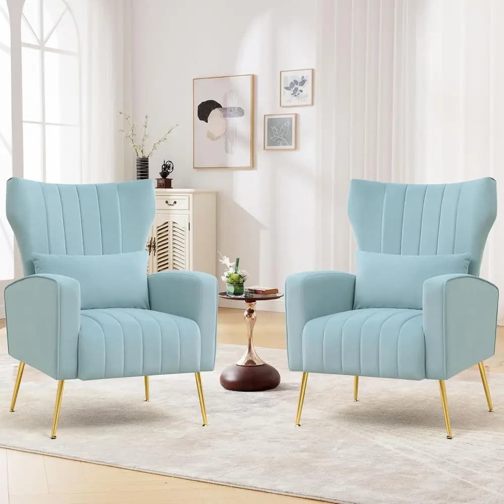Set di 2 sedie imbottite blu cielo con schienale alto e gambe in metallo per soggiorno o camera da letto