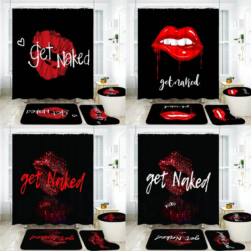 Set of bath curtains with pattern Get Naked, shower curtains with sexy red lip print, bath mats, mats for pedestal, non-slip mat for toilet.