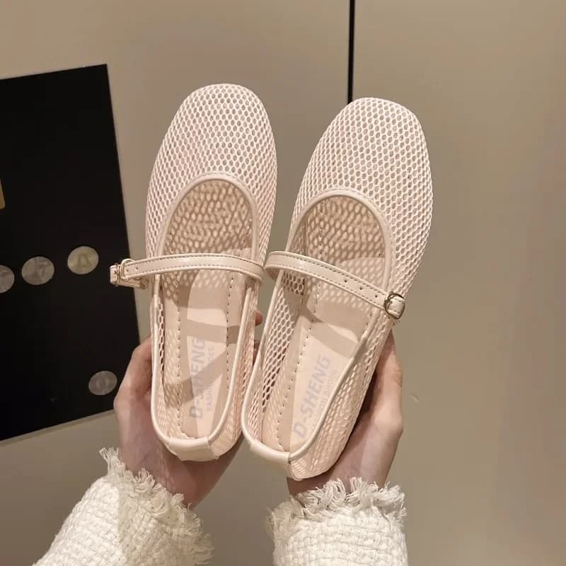 Scarpe Mary Jane in rete da donna 2025 Primavera Nuova nicchia Punta tonda Bocca superficiale Scarpe da balletto piatte Sandali da donna