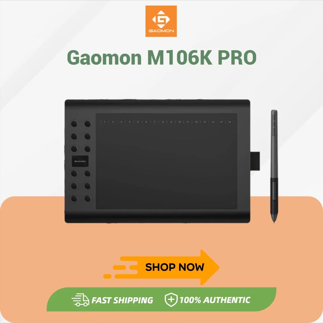 GAOMON M106K PRO Tavoletta grafica da 10'' con 8192 livelli di inclinazione supportata e stilo artistico senza batteria per sistemi operativi Windows/Mac/Android