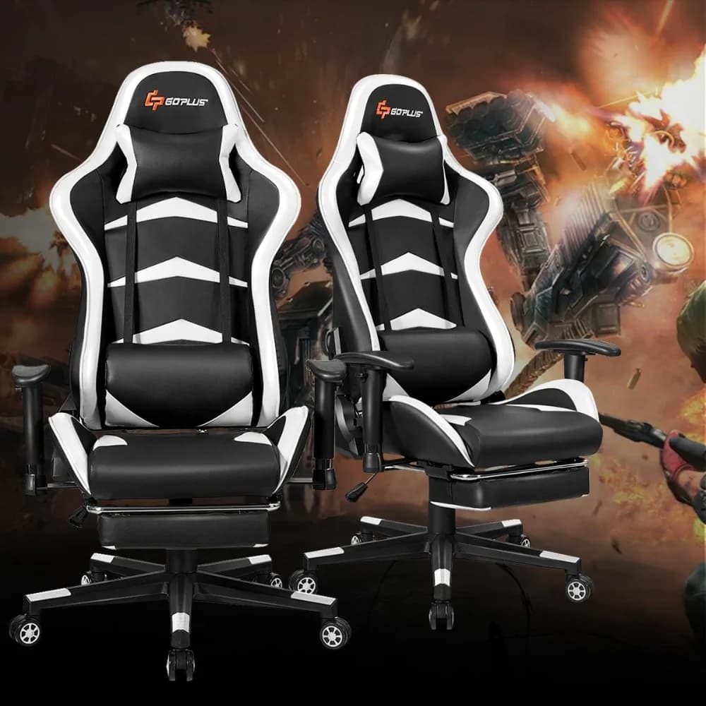 Sedia da Gaming con Massaggio, Reclinabile, con Supporto Lombare e Poggiapiedi, per Ufficio, Bianca