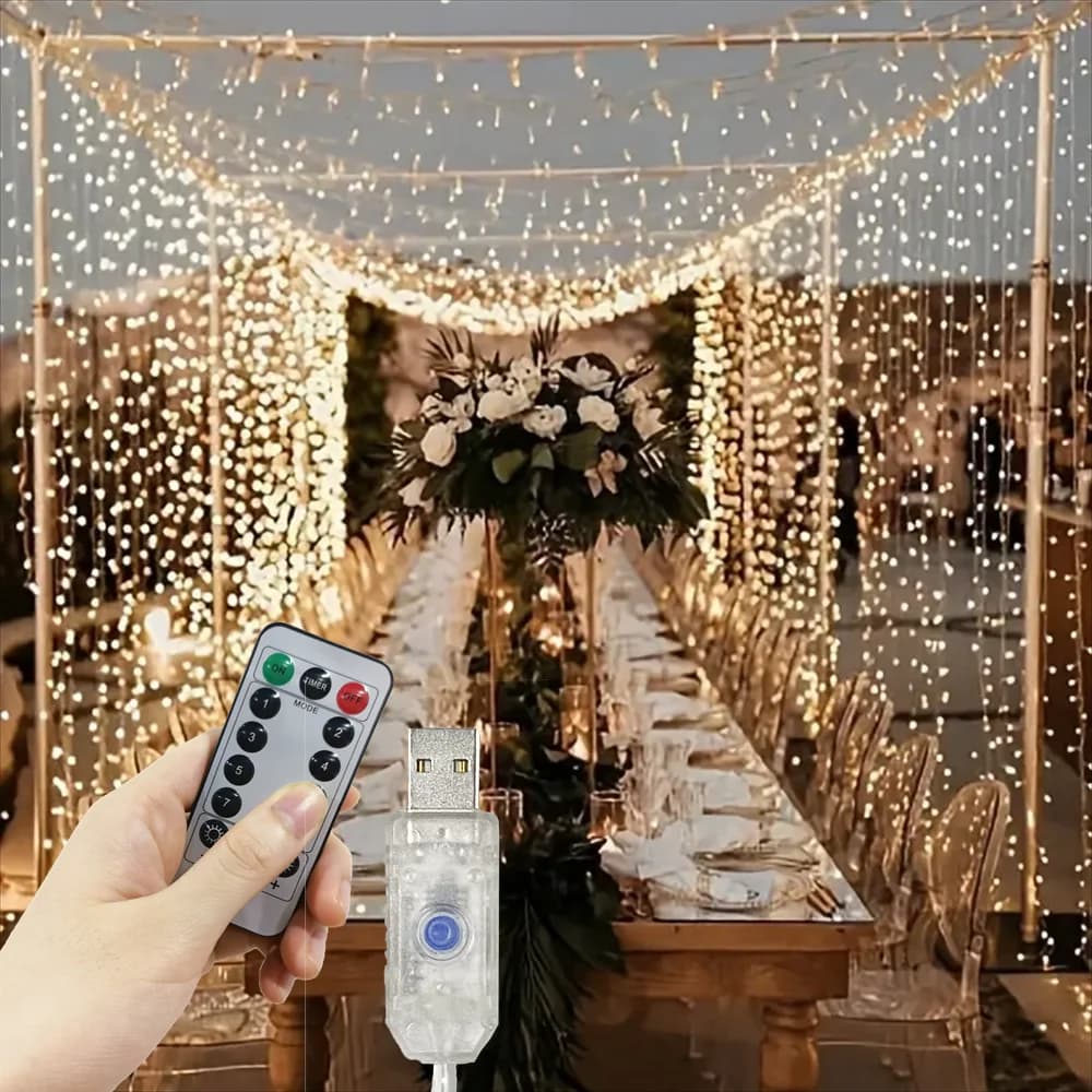 Luci a LED per Festival Natalizi, Decorazione per Matrimoni, 8 Modalità, USB, Tenda Luminosa con Telecomando per Camera da Letto e Casa