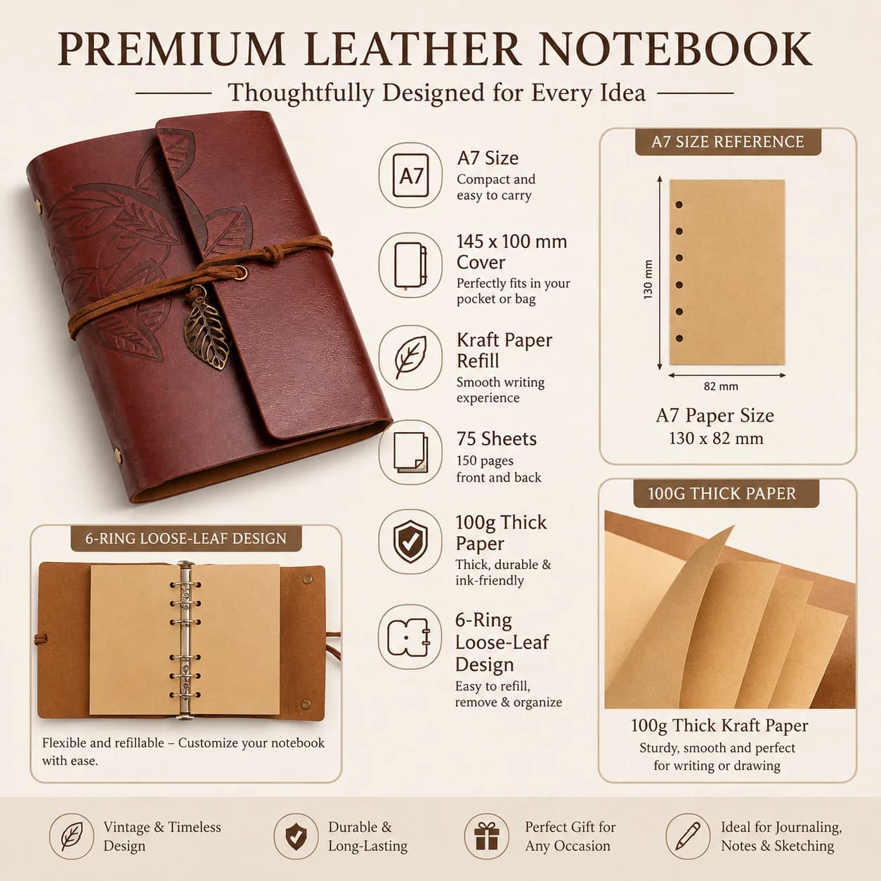 Vintage Leather Loose Leaf Notebook, A7 Travel Journal with Elastic Band, Creative Leaf Design Gift for Journaling