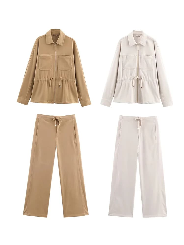 HH Women Long Sleeves Belt Lapel Zipper Pocket Coat+Drawstring High Waist Elastic Waist Wide Leg Pants Autumn Chic 2-Piece Set