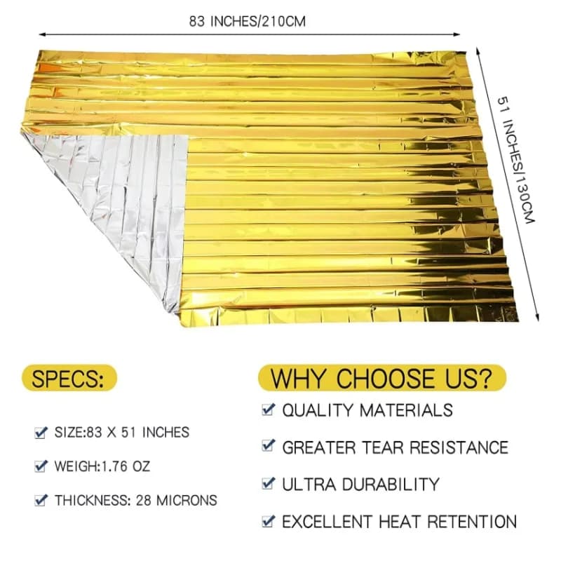 Gold‑Silver Mylar Thermal Survival Blanket 130×210cm, Reflective Heat Retention Rescue Blanket for Camping, Hiking & Outdoor Eme