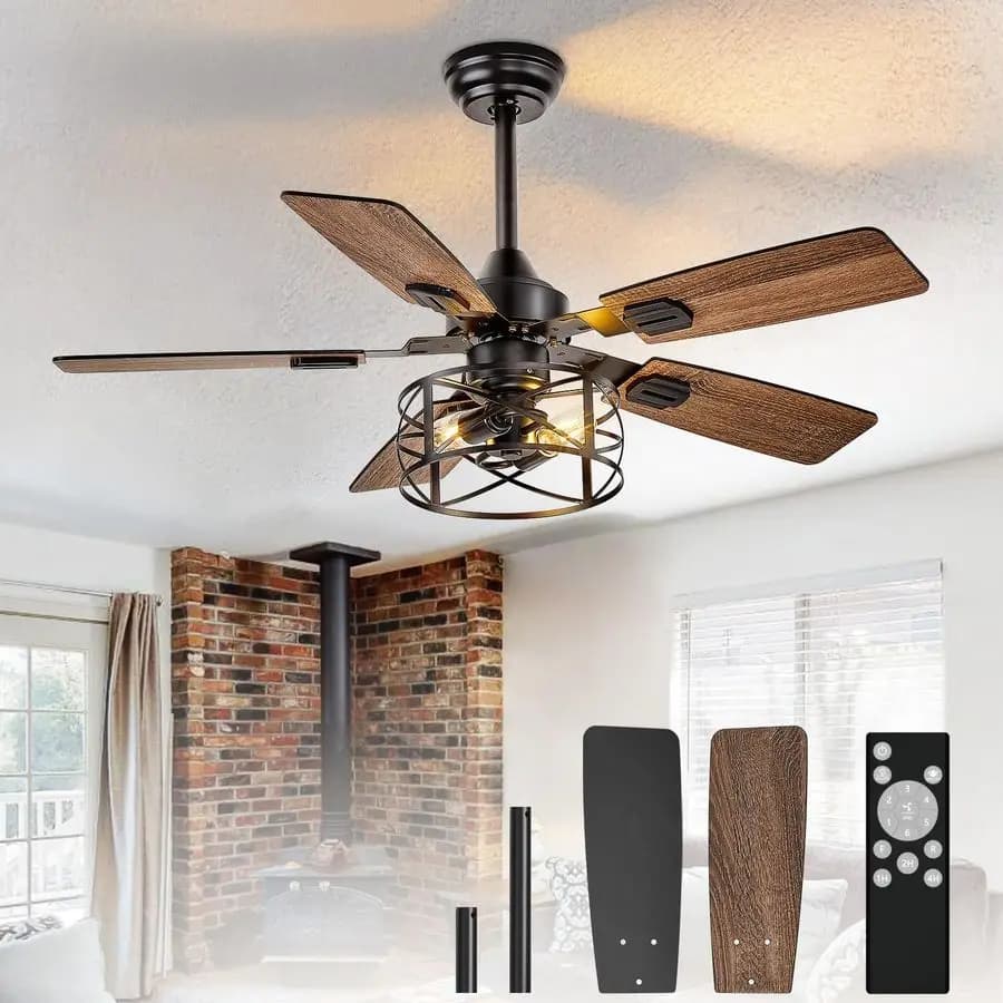 Ventilatore da soffitto da 42 pollici con luci, ventilatore da soffitto a gabbia con doppia finitura, 5 pale, ventilatore da soffitto rustico con telecomando per casa colonica