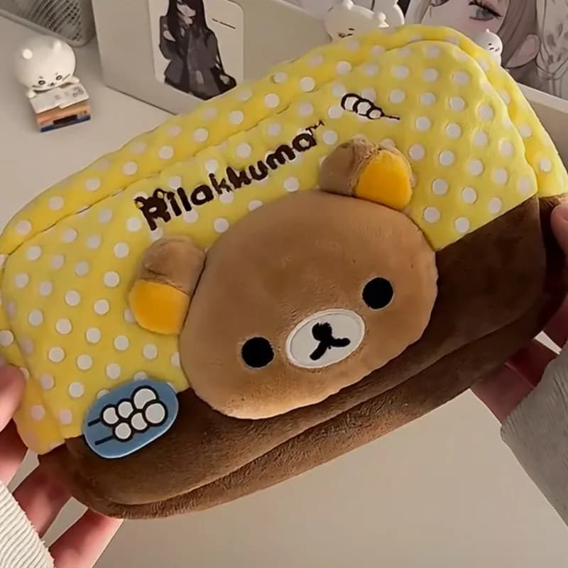 Astuccio in peluche Rilakkuma stile giapponese a pois, grande capacità, stile Ins, estetica elevata, simpatico astuccio a forma di orsetto per studenti