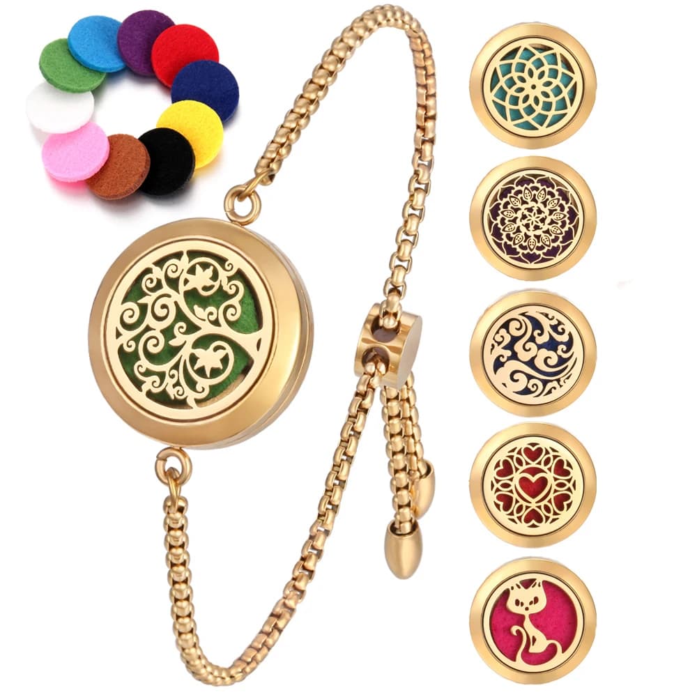 Braccialetti per aromaterapia in acciaio inossidabile con albero della vita dorato Braccialetti con medaglione diffusore di olio essenziale di profumo per donne e uomini