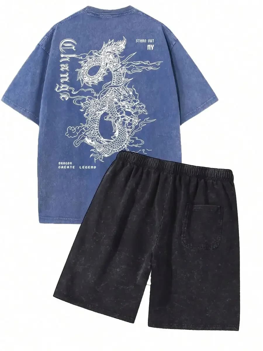 Set Due Pezzi da Uomo: T-Shirt con Stampa Drago Effetto Invecchiato e Pantaloncini, Stile Casual e Streetwear