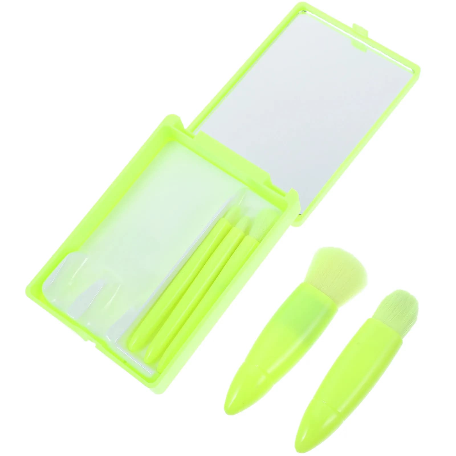 Set di pennelli per trucco, portatile, da viaggio, con setole morbide, per labbra, ombretto, polvere, fondotinta, custodia verde con specchio