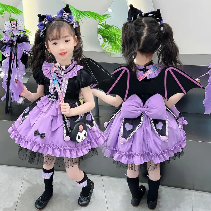 2025 Cosplay Kuromi Lolita Abito da principessa Bambini Festa di compleanno Costume Abito estivo Fiocco Gonna gonfia Abito Abito Regalo per ragazze