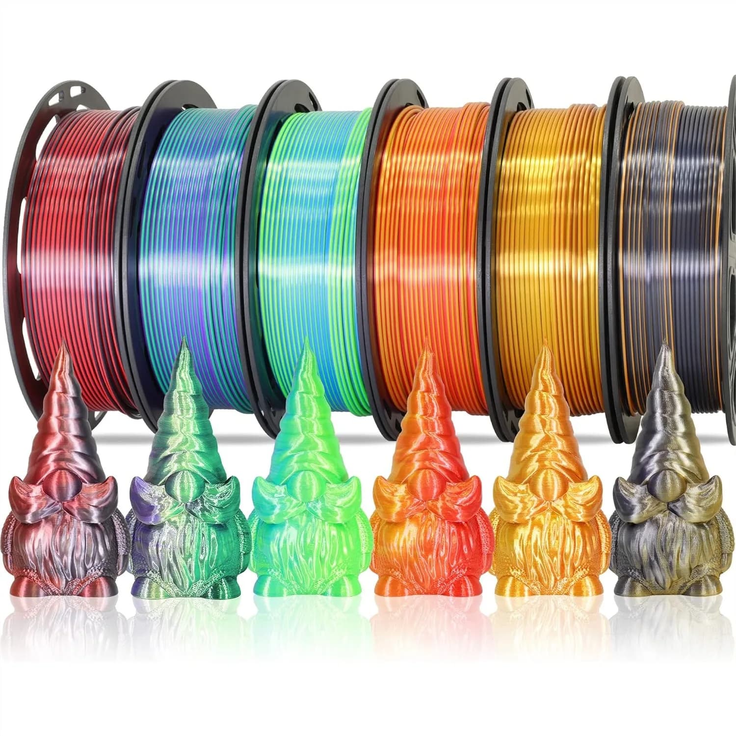 Confezione da 6 Bobine di Filamento PLA Seta Bicolore 1.75mm, Pacchetto Multicolore per Stampante 3D 1.5kg, Effetto Seta Lucido