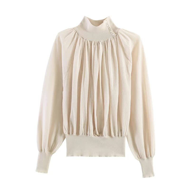 Nuova Camicia in Maglia con Patchwork Drappeggiato, Alla Moda e Versatile