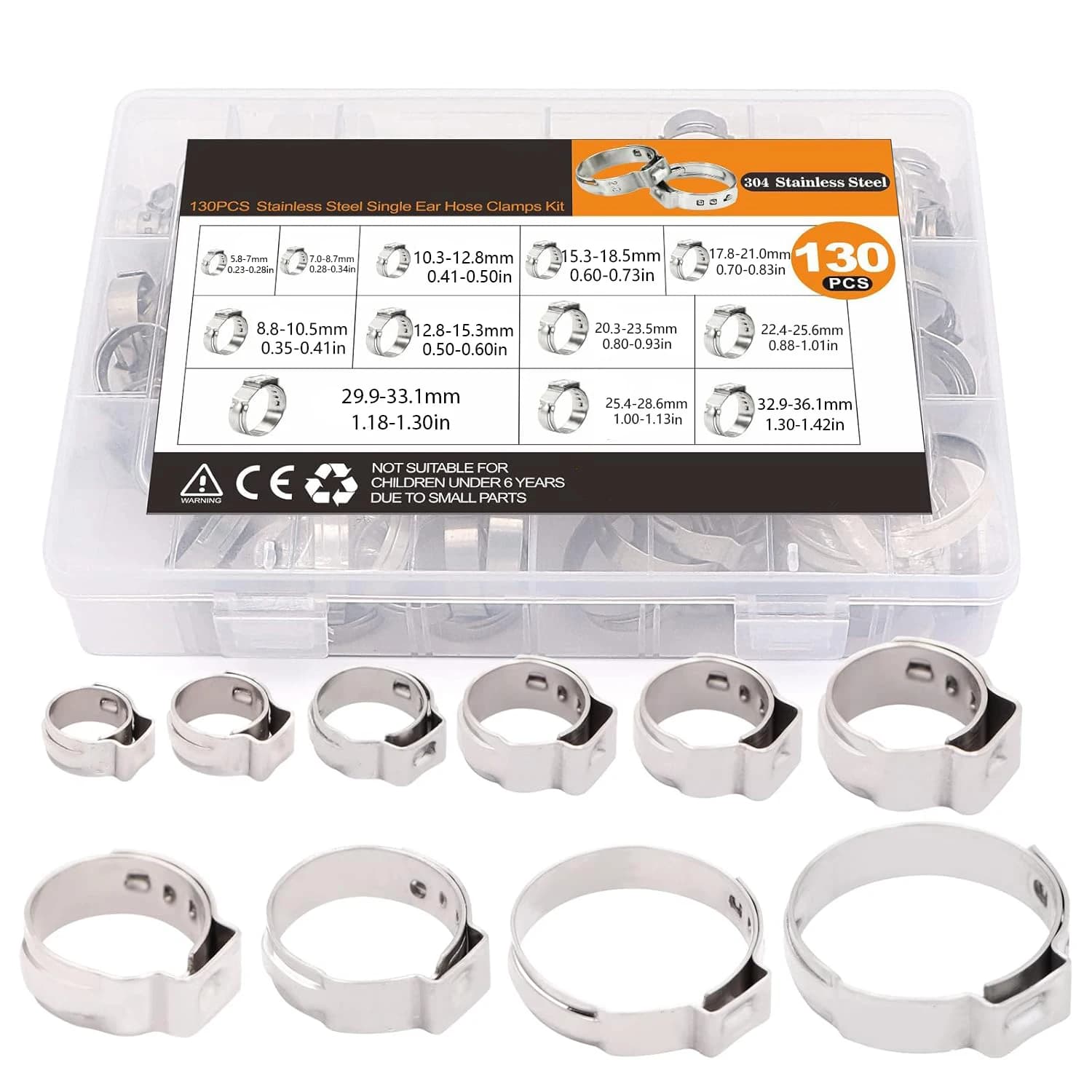 130 pz Fascette Per Tubi 5.8-36.1mm Singolo Orecchio Continuo In Acciaio Inox 304 Fascette Per Tubi Cinch Morsetto Anelli per I Tipi di Tenuta