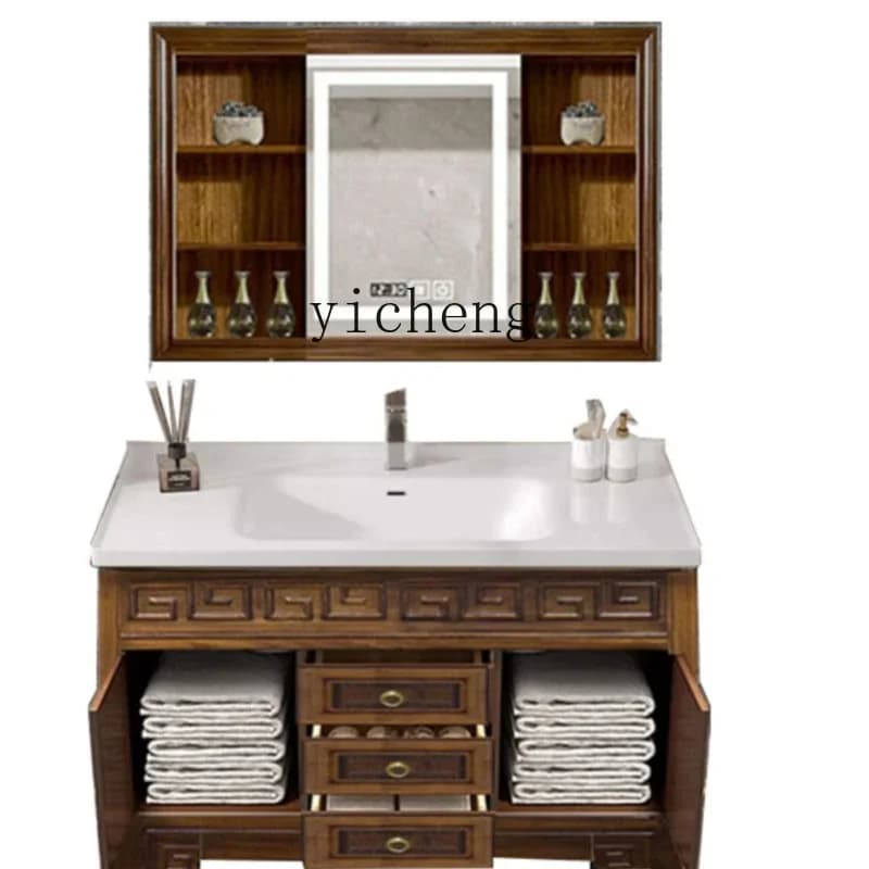 1 Nuovo lavabo intero in ceramica in stile cinese, mobiletto da bagno in quercia, lavabo a specchio intelligente
