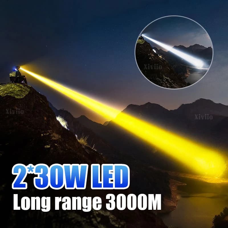 2*30W Bianco/Giallo Luce Ad Alta Potenza HA CONDOTTO il Faro Super Luminoso Testa Torcia Elettrica A Lungo Raggio 3000M di Pesca di campeggio Testa Lanterna