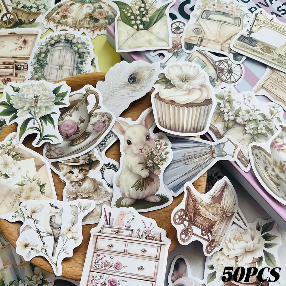 50 adesivi bianchi in stile vintage per quaderni fai-da-te, diari, album, quaderni e adesivi decorativi resistenti all'acqua.