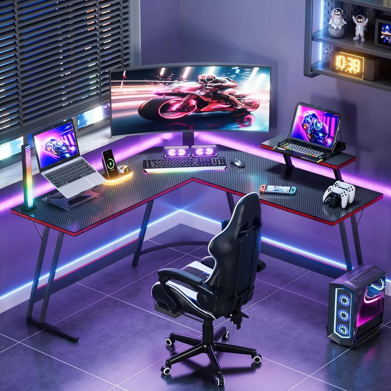 Scrivania da Gaming a L, Scrivania Angolare per Computer, Tavolo da Gaming PC con Supporto Rialzato per Monitor Grande, per Casa e Ufficio, Personalizzabile