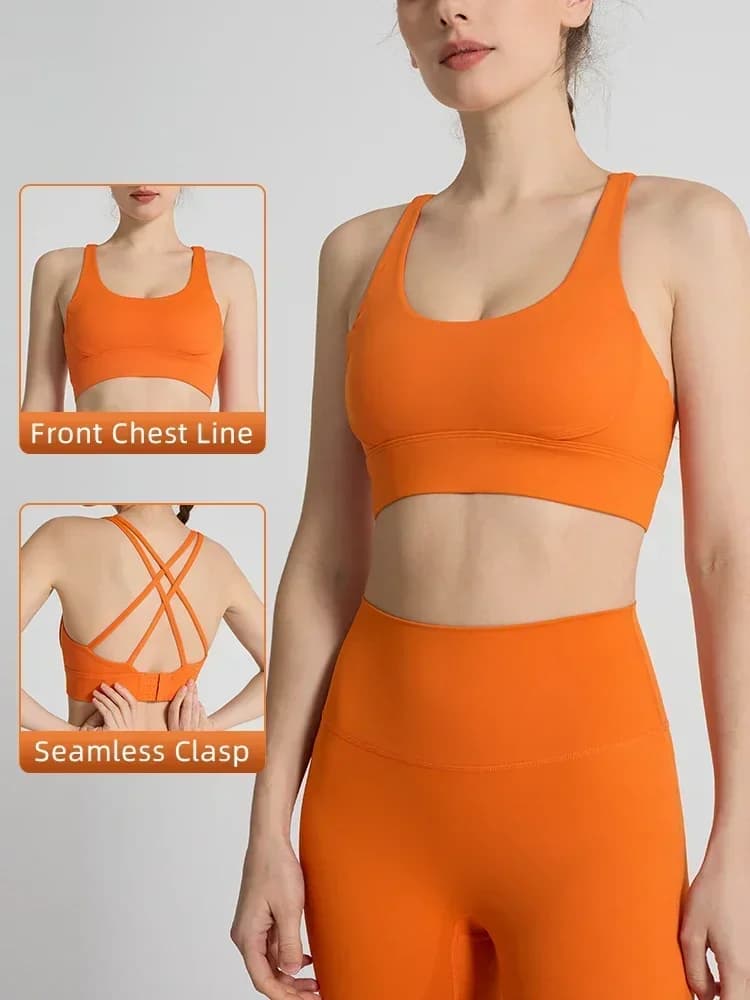 Women's sports bra in solid color, sexy cross strap, beautiful back, sporty top, outdoor jogging, pilates, breathable yoga clothing