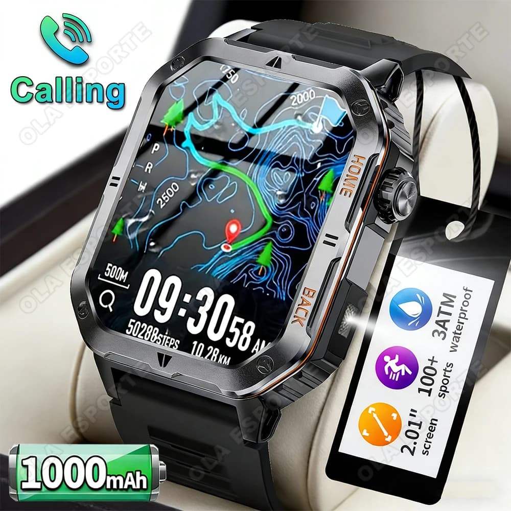 New Man's Smartwatch 2026 with Bluetooth HD call, Sleep Monitoring and Cardiaca Frequency, External LED Flashlight, Waterproof, for Sport