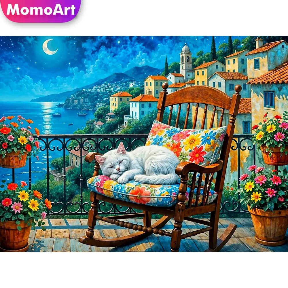 Momoart Diamond Embroidery House DIY Rhinestones Painting Cat Full Square Round Cross Stitch Mosaic Potted Floral Handmade Gift