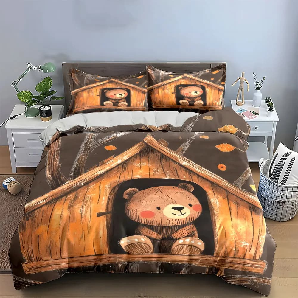 Set di Biancheria da Letto in Legno a Forma di Casetta sull'Albero con Orsetto, con 1 Copripiumino e 2 Federe, Singolo, Matrimoniale, King, Queen, Regalo